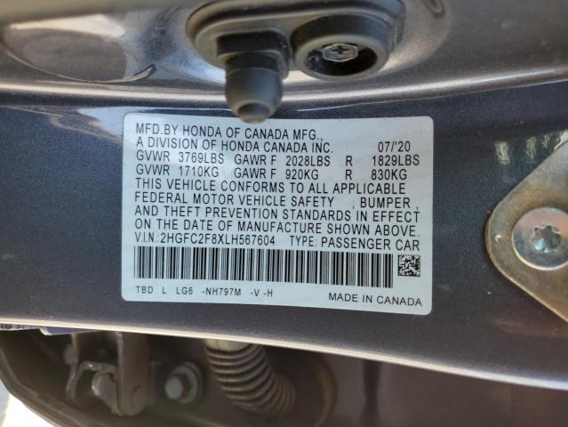 2HGFC2F8XLH567604 - 2020 HONDA CIVIC SPORT CHARCOAL photo 13