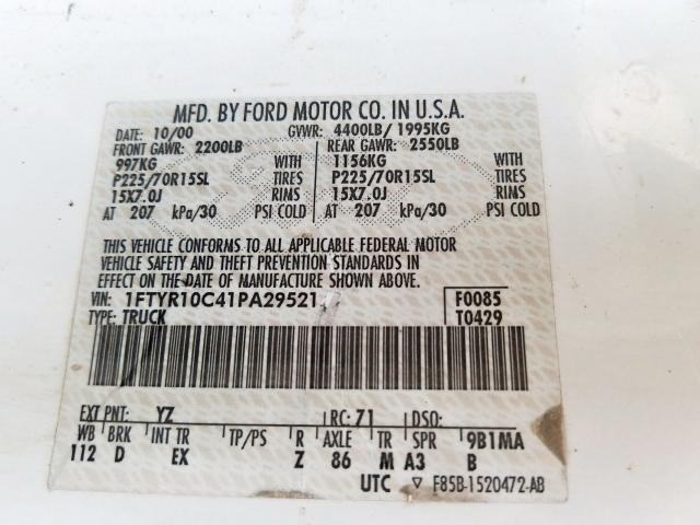 1FTYR10C41PA29521 - 2001 FORD RANGER WHITE photo 10