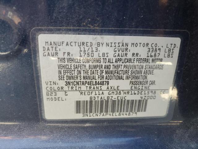 3N1CN7AP4EL844879 - 2014 NISSAN VERSA S/S BLUE photo 10