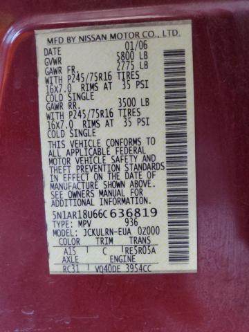 5N1AR18U66C636819 - 2006 NISSAN PATHFINDER LE 勃艮第红 照片 12