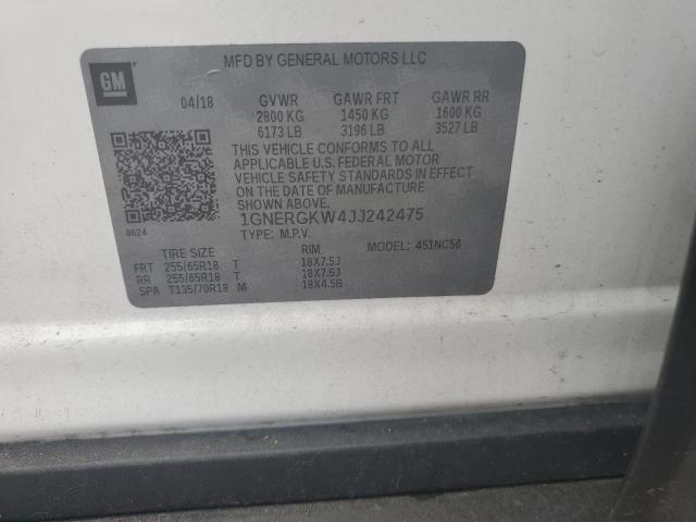 1GNERGKW4JJ242475 - 2018 CHEVROLET TRAVERSE LT თეთრი ფოტო 13