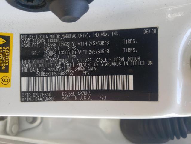 5TDBZRFH9JS892862 - 2018 TOYOTA HIGHLANDER LE თეთრი ფოტო 13