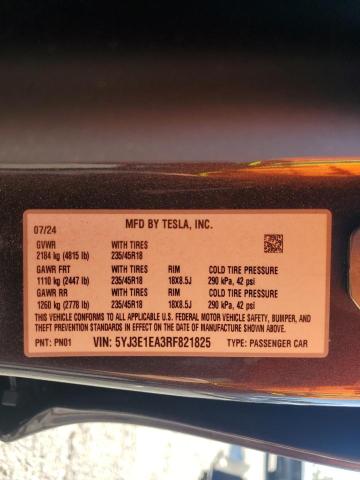 5YJ3E1EA3RF821825 - 2024 TESLA MODEL 3 Boz foto 13