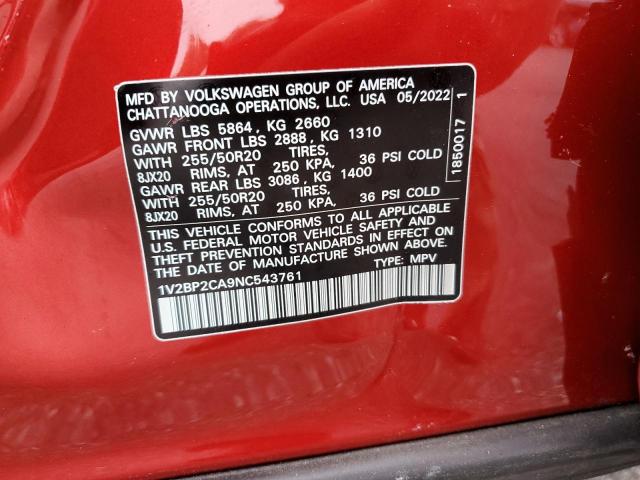1V2BP2CA9NC543761 - 2022 VOLKSWAGEN ATLAS SEL RED photo 13