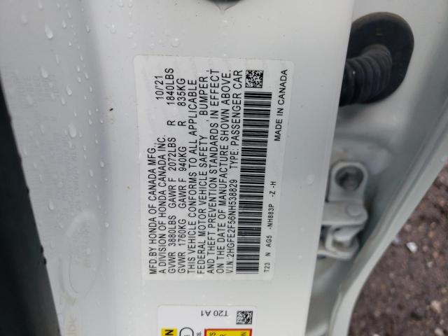 2HGFE2F56NH538829 - 2022 HONDA CIVIC SPORT თეთრი ფოტო 12