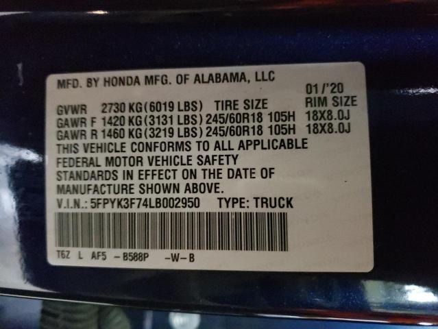 5FPYK3F74LB002950 - 2020 HONDA RIDGELINE RTL BLUE photo 12