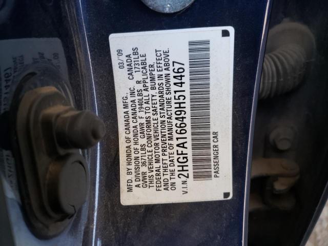 2HGFA16649H514467 - 2009 HONDA CIVIC LX-S Mavi foto 12