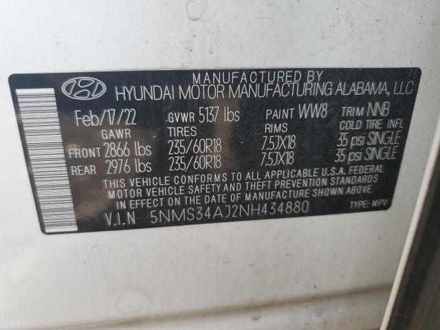 5NMS34AJ2NH434880 - 2022 HYUNDAI SANTA FE SEL 白色 照片 13