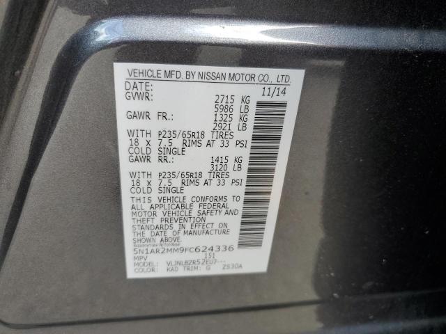 5N1AR2MM9FC624336 - 2015 NISSAN PATHFINDER S GRAY photo 13