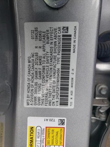 2HGFE2F51NH594564 - 2022 HONDA CIVIC SPORT GRAY photo 12