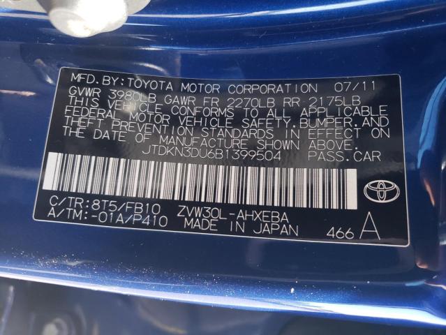 JTDKN3DU6B1399504 - 2011 TOYOTA PRIUS ლურჯი ფოტო 12