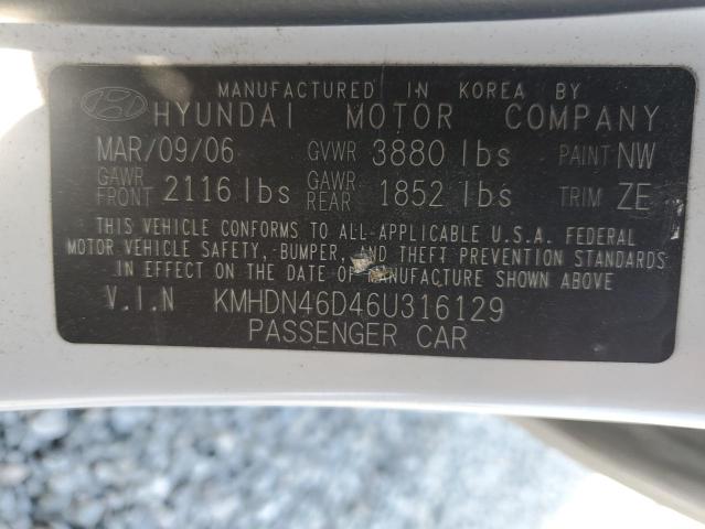 KMHDN46D46U316129 - 2006 HYUNDAI ELANTRA GLS WHITE photo 12