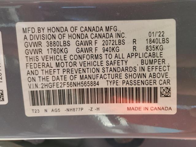 2HGFE2F56NH565884 - 2022 HONDA CIVIC SPORT 蓝色 照片 12