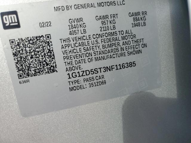 1G1ZD5ST3NF116385 - 2022 CHEVROLET MALIBU LT SILVER photo 12