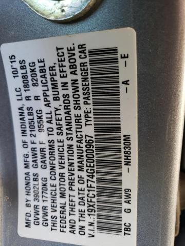 19XFC1F74GE000967 - 2016 HONDA CIVIC EXL SILVER photo 12