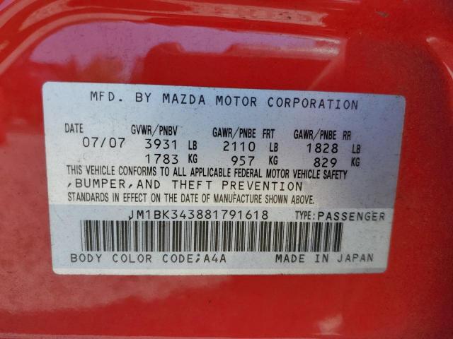 JM1BK343881791618 - 2008 MAZDA 3 HATCHBACK RED photo 12
