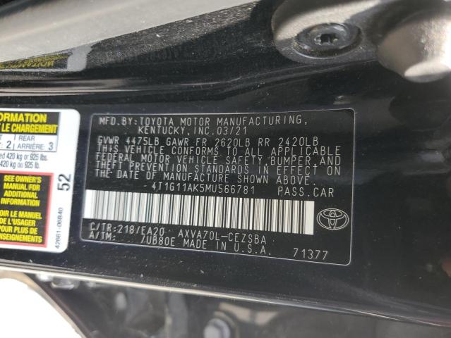 4T1G11AK5MU566781 - 2021 TOYOTA CAMRY SE BLACK photo 12