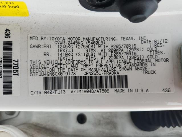 5TFJU4GN6CX019178 - 2012 TOYOTA TACOMA DOUBLE CAB PRERUNNER WHITE photo 12