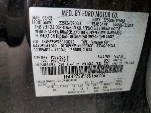 1FAHP25W18G168276 - 2008 FORD TAURUS LIMITED BLACK photo 12