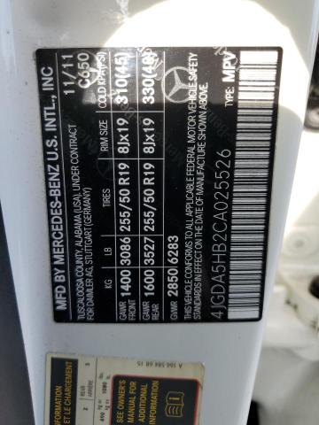 4JGDA5HB2CA025526 - 2012 MERCEDES-BENZ ML 350 4MATIC WHITE photo 13