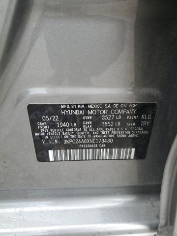 3KPC24A6XNE173430 - 2022 HYUNDAI ACCENT SE GRAY photo 12