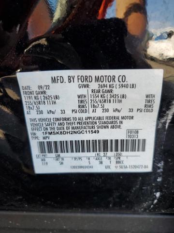 1FMSK8DH2NGC11549 - 2022 FORD EXPLORER XLT Czarny zdjęcie 14