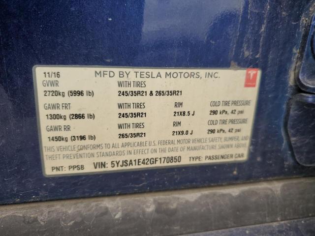5YJSA1E42GF170850 - 2016 TESLA MODEL S Bleu photo 12