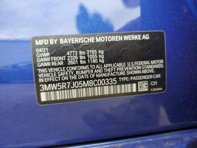 3MW5R7J05M8C00335 - 2021 BMW 3 SERIES BLUE photo 12
