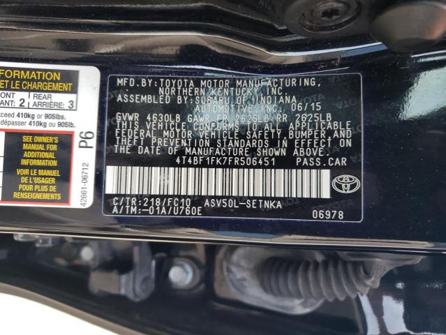 4T4BF1FK7FR506451 - 2015 TOYOTA CAMRY LE BLACK photo 12