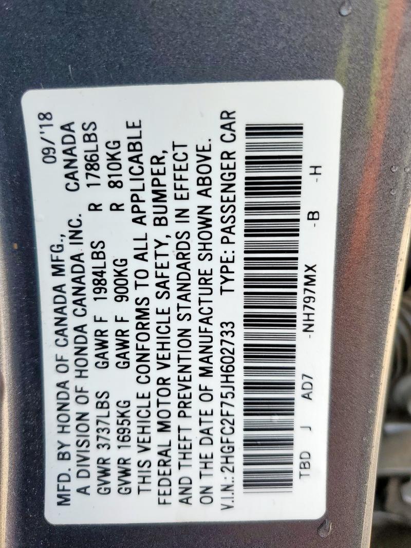 2HGFC2F75JH602733 - 2018 HONDA CIVIC EX 灰色 照片 13