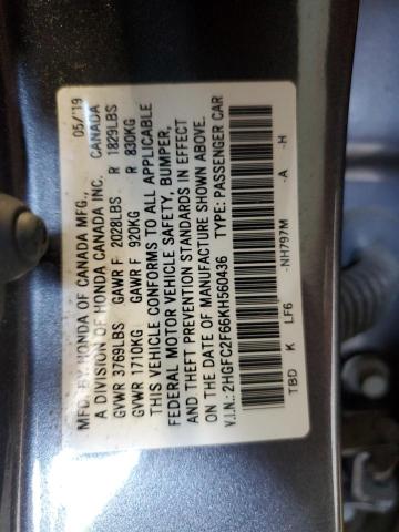 2HGFC2F66KH560436 - 2019 HONDA CIVIC LX GRAY photo 12