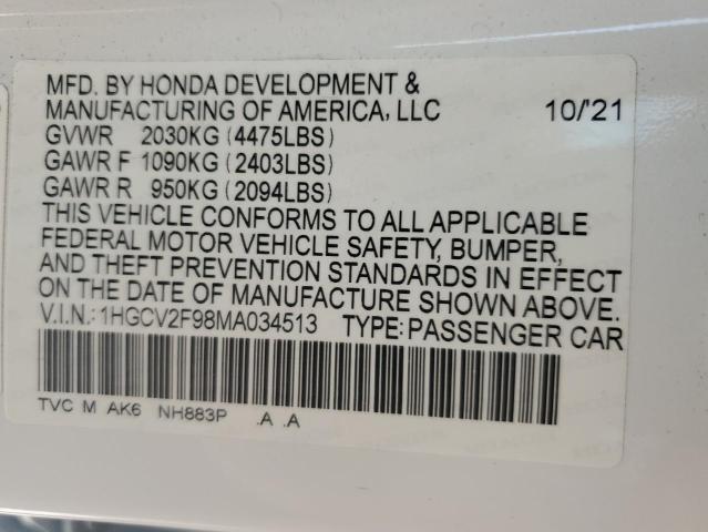 1HGCV2F98MA034513 - 2021 HONDA ACCORD TOURING Weiß Foto 12