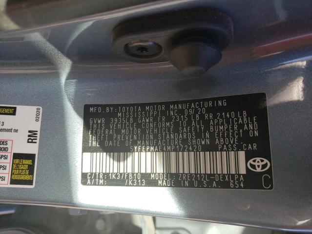 5YFEPMAE4MP172420 - 2021 TOYOTA COROLLA LE BLUE photo 12