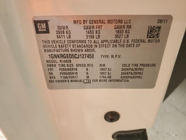 1GNKRGED5CJ127450 - 2012 CHEVROLET TRAVERSE LT WHITE photo 13