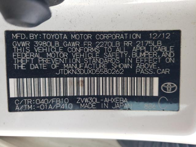 JTDKN3DUXD5580262 - 2013 TOYOTA PRIUS WHITE photo 12