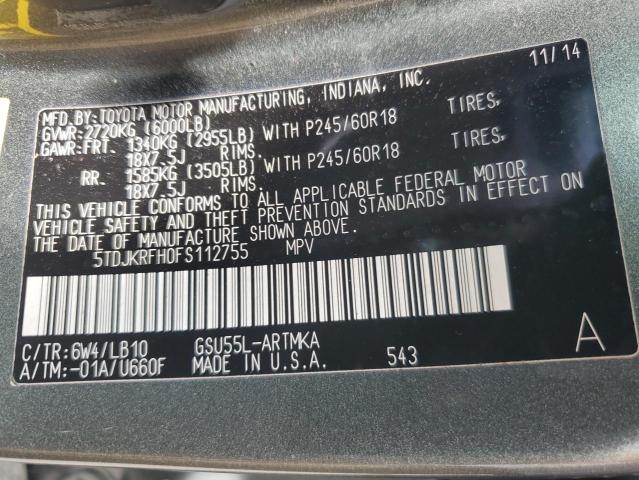 5TDJKRFH0FS112755 - 2015 TOYOTA HIGHLANDER XLE GRAY photo 13