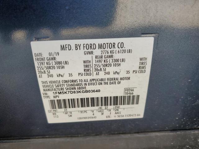 1FM5K7D83KGB03640 - 2019 FORD EXPLORER XLT Niebieski zdjęcie 14