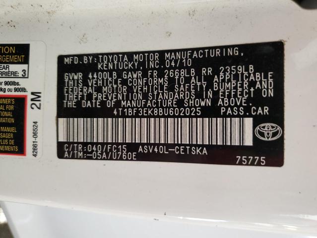 4T1BF3EK8BU602025 - 2011 TOYOTA CAMRY BASE თეთრი ფოტო 12