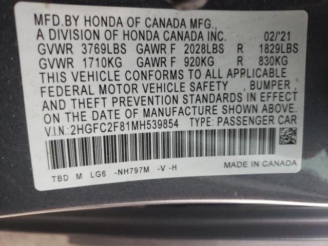 2HGFC2F81MH539854 - 2021 HONDA CIVIC SPORT 灰色 照片 12