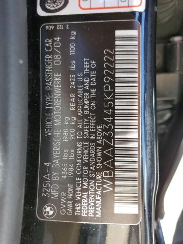 WBAAZ33445KP92222 - 2005 BMW 325 IS SULEV BLACK photo 12