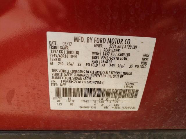 1FM5K7D87HGC47054 - 2017 FORD EXPLORER XLT RED photo 13