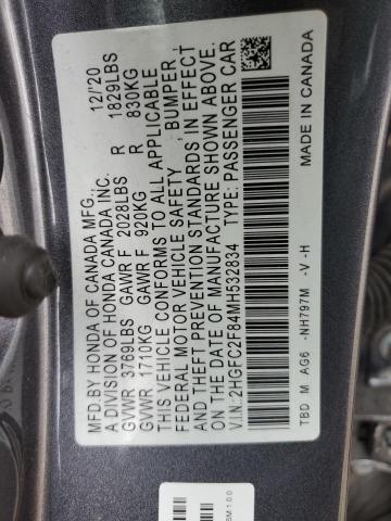 2HGFC2F84MH532834 - 2021 HONDA CIVIC SPORT CHARCOAL photo 12