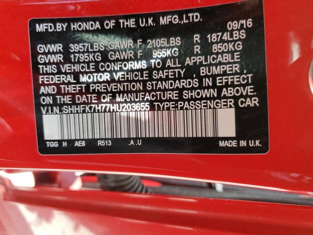 SHHFK7H77HU203655 - 2017 HONDA CIVIC EXL RED photo 12