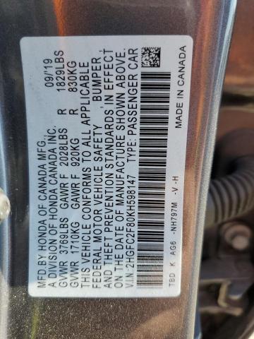 2HGFC2F80KH598147 - 2019 HONDA CIVIC SPORT GRAY photo 13