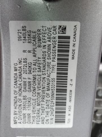 2HGFE2F59NH533155 - 2022 HONDA CIVIC SPORT SILVER photo 12