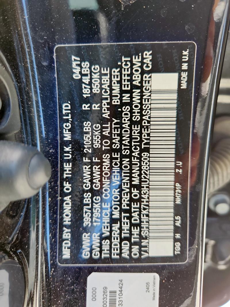 SHHFK7H43HU228509 - 2017 HONDA CIVIC SPORT BLACK photo 12