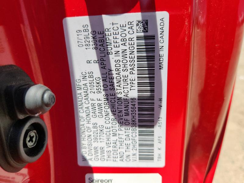 2HGFC3B38KH356416 - 2019 HONDA CIVIC EX წითელი ფოტო 12