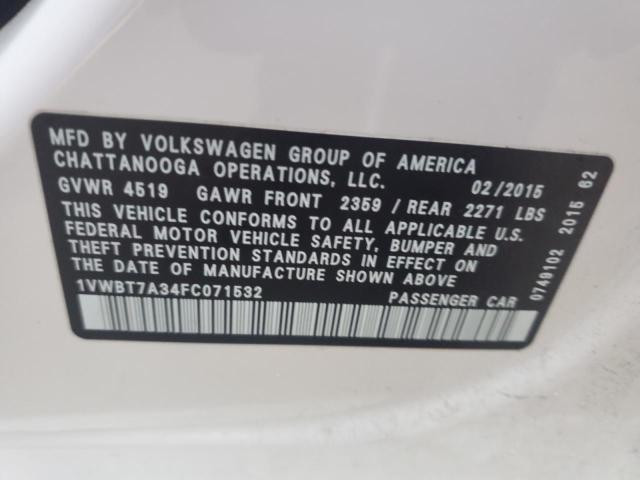 1VWBT7A34FC071532 - 2015 VOLKSWAGEN PASSAT SE WHITE photo 12