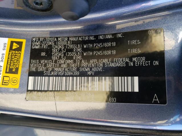 5TDJKRFH5FS084399 - 2015 TOYOTA HIGHLANDER XLE BLUE photo 13