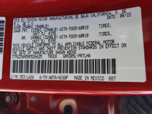 3TMGZ5AN5NM526625 - 2022 TOYOTA TACOMA DOUBLE CAB წითელი ფოტო 12